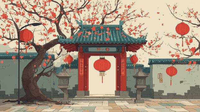 Traditional Chinese gate with New Year decorations ,Chiness New Year, vector style