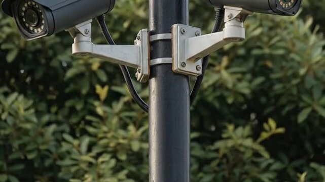Two modern CCTV security cameras mounted on a black l pole