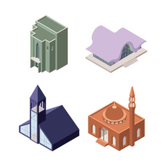 Fototapeta premium City landmark vector set with modern tower, bridge base, blue church, round pavilion for tourism brochure, architecture festival, planning design