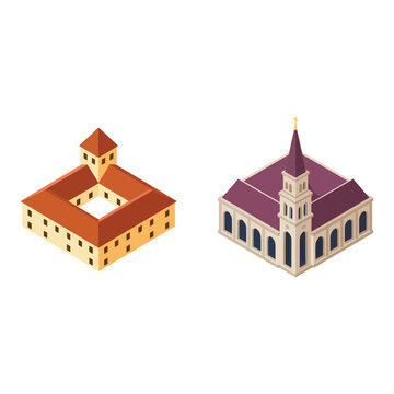 Isometric chapel pair vector with mission style hall and gothic spire for wedding venue map, heritage day brochure, tourism design