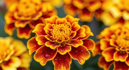 Fototapeta premium Vibrant marigold flowers with dew drops on petals in garden