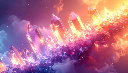 Fototapeta premium 斜めに連なる紫橙グラデーション結晶と煙と星空