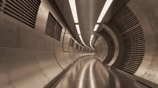 Contemporary Subway Tunnel Interior with Sleek Metal Finish and Bright Overhead Lights for Modern Urban Transport Scene