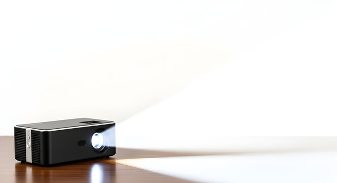 Black mini projector casting light beam onto white wall from wooden table isolated PNG with Transparent Background