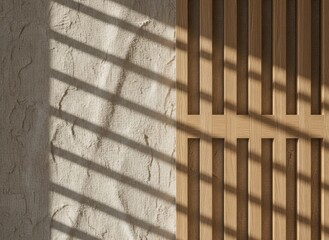 Abstract Geometric Light Patterns Cast on Textured Wall and Wooden Slats Create Dramatic Shadows Indoors