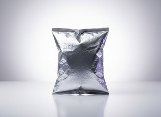 Shiny Silver Foil Pouch Package On White Table With Dramatic Lighting And Reflections Studio Shot