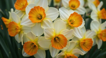 Obraz premium Vibrant White and Orange Daffodils Blooming Close-up in Spring Garden, Symbolizing Renewal and Natural Beauty for Seasonal Campaigns.