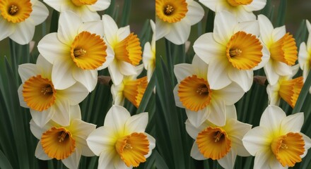 Fototapeta premium Vibrant Spring Daffodils (Narcissus) Blooming in Garden, showcasing Freshness and Seasonal Beauty for Easter Marketing.