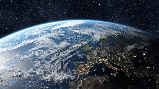 Planet Earth from space showing Europe with city lights at night.