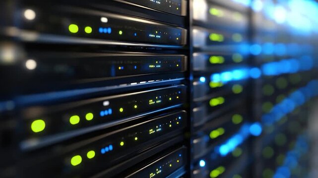 Close-up of server racks with blinking lights, creating a blurred depth of field effect