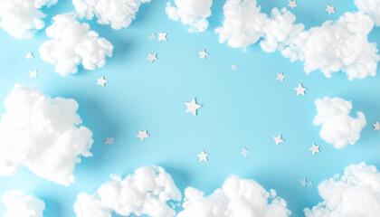 コットン雲と白い星のボーダーフレーム（水色背景・コピースペース）