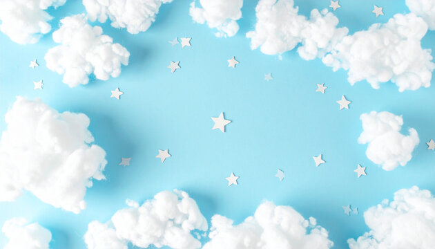 コットン雲と白い星のボーダーフレーム（水色背景・コピースペース）