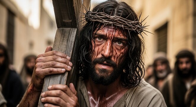 esus Christ carrying the wooden cross on the way to Calvary, wearing a crown of thorns with blood on his face. Dramatic biblical scene of the Passion of the Christ during Holy Week.