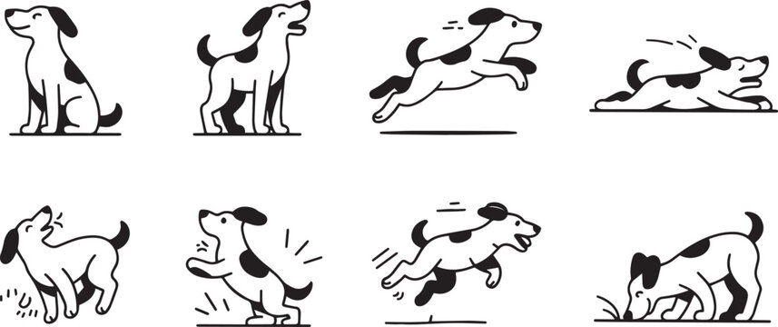 Series of playful black and white spotted dog running sitting and jumping poses