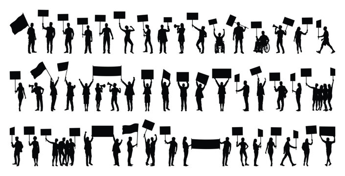 Silhouette set of protesters in various poses holding placards banners signs and speaking through loudspeaker protesting at street march on white background vector illustration.
