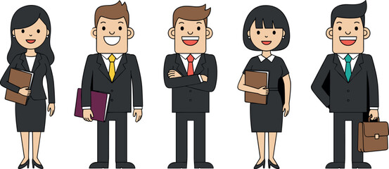 Set of diverse business people and office workers characters in formal suits holding briefcase and documents flat vector illustration