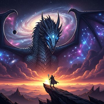Mythical celestial serpent dominates a vibrant cosmic landscape above a lone figure with a staff