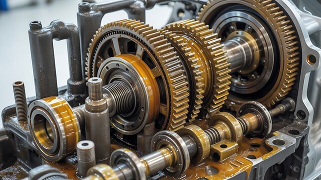 Intricate Close-Up of Automotive Engine with Gears, Shafts, and Bearings Photo