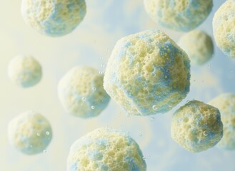 Floating Spheres with Yellow and Blue Textured Surfaces Suspended in a Softly Lit Sky Blue Background with Water Droplets and Subtle Light Rays Creating a Dreamy Atmosphere