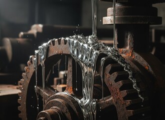 Molten Silver Pouring Over Rusty Industrial Gears In Dim Workshop Lighting Reflecting Light With Splashes And Droplets Falling