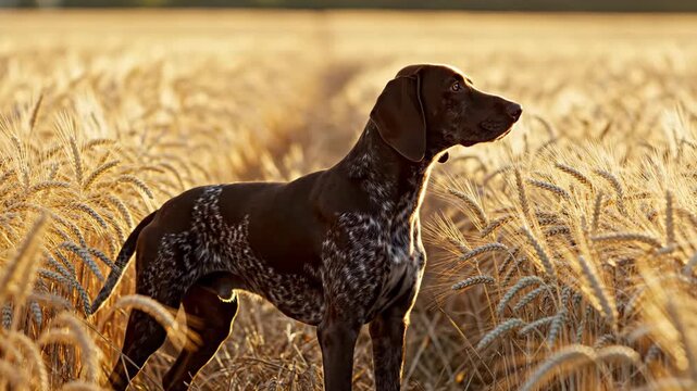 Hunting Dog Standing in a Golden Wheat Field