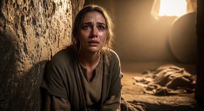 Mary Magdalene overcome with emotion in the stone sepulcher of Jesus. Dramatic Easter narrative image focusing on the spiritual journey from sorrow to the hope of Resurrection.