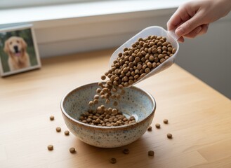 Close-up shot of dry dog food being scooped into a speckled ceramic bowl on a wooden table near a framed photo of a golden retriever