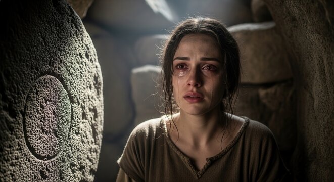 Sad woman Mary Magdalene crying inside the stone tomb of Jesus. Emotional portrait of grief, faith and biblical history. High quality cinematic imagery for religious and Easter themes.