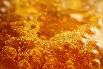 Close-up macro view of rich amber mead with vibrant bubbles inside glass, showcasing its intricate texture and warm golden hue