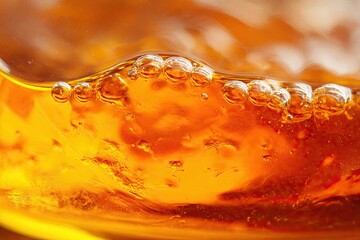 Golden honey mead liquid with amber hues and macro detail of effervescent bubbles and texture inside glass