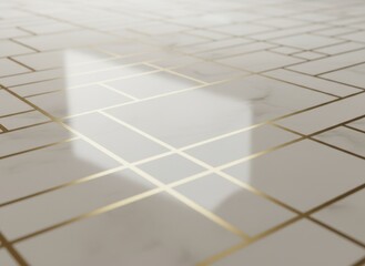 Elegant White Marble Floor with Gold Geometric Inlay Reflecting Soft Light