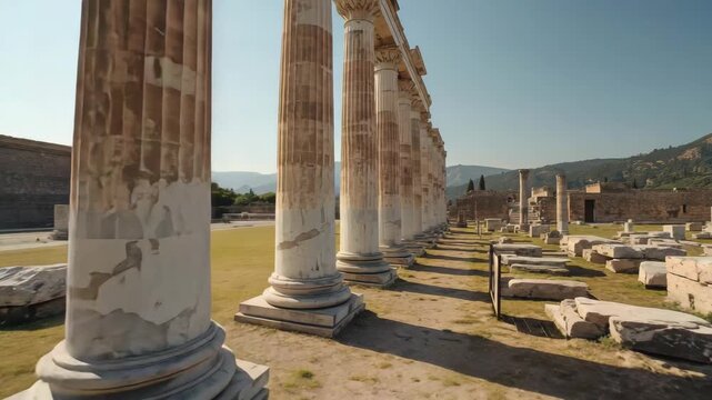 Ancient stone columns of classical ruins aligned in sunny archaeological site