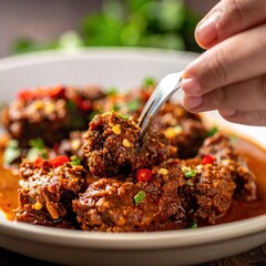 Close-up of Tender Braised Beef Bites Coated in Spicy Red Chili Sauce Garnished with Fresh Cilantro and Sliced Red Peppers in a White Bowl on a Dark Wooden Surface
