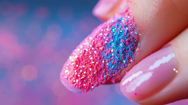 A close-up view of a hand adorned with vibrant glittery nail art, showcasing shimmering pink and blue colors.