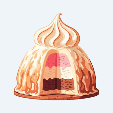 A detailed cross-section illustration of a bombe alaska dessert with multiple ice cream layers and a meringue topping.