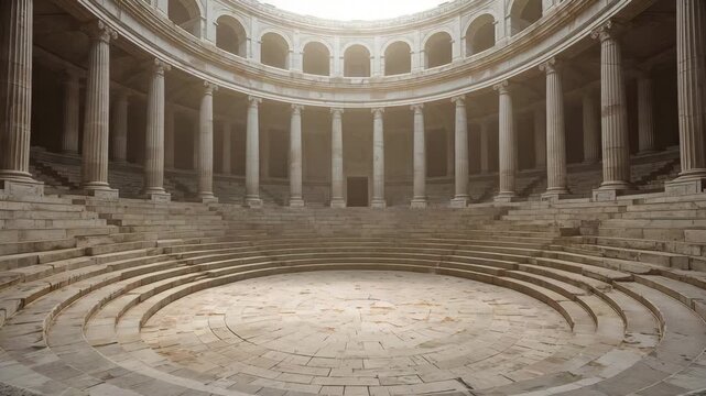Circular stone amphitheater with tiered seating and surrounding colonnade under soft daylight