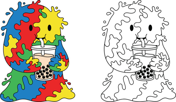 Playful Colorful Blob Character Enjoying Bubble Tea Vector Illustration