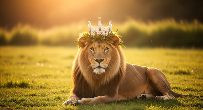 Majestic lion wearing a regal crown and laurel wreath, lying peacefully in a golden sunlit meadow at sunset, symbol of royalty and strength