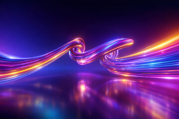 Vibrant neon light wave with glowing curves and glossy reflection on dark futuristic background.