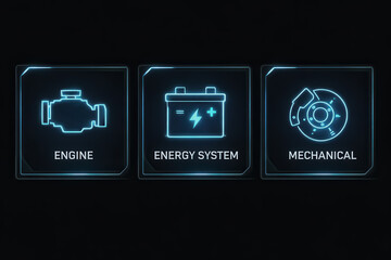 Futuristic vehicle system dashboard UI panel with engine, energy, and mechanical icons for web and app design.