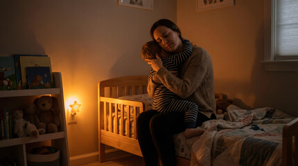 Mother embracing child in soft night light, expressing safety, comfort, and trust