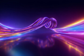 Colorful neon light knot with flowing trails and glossy reflection on dark background.