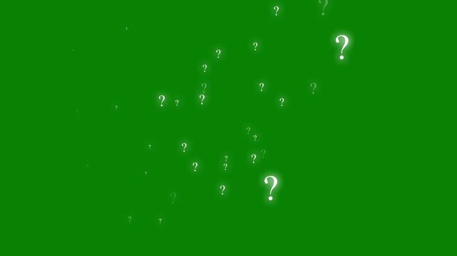 Glowing question mark animation, white thin line icon moving and rotating with particle effects, green screen background loop, quiz game faq knowledge concept motion graphic for video editing 4k
