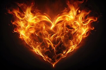 Burning Heart Shape Formed by Bright Orange Flames Isolated on Black Background with Intense Fire Glow and Dramatic Contrast