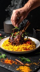Chef garnishes succulent lamb shank with fresh herbs over aromatic yellow rice with spices and steam rising in dramatic lighting