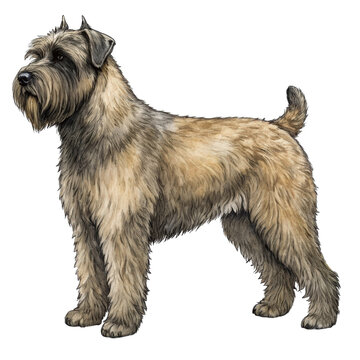 Watercolor illustration of a Bouvier des Flandres dog. The dog is depicted with a sturdy, muscular build and a dense, rough coat in shades of brown and gray