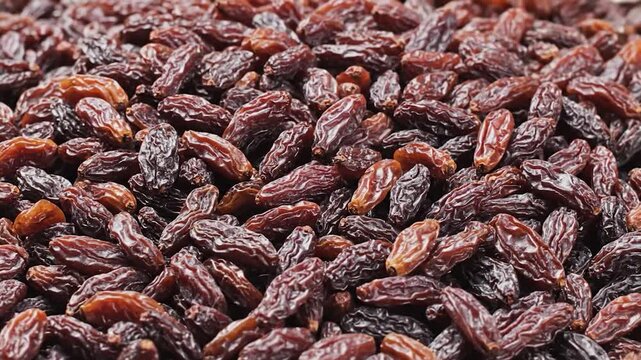 A close-up shot of dark raisins being poured into a large pile.