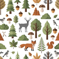 Fototapeta premium Charming Forest Animals and Trees Seamless Pattern 6.