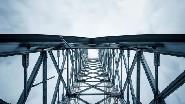 Steel bridge structure viewed from below with repeating metal beams and overcast sky