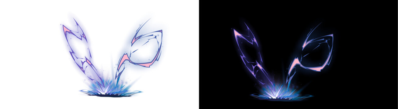 A PNG image of&nbsp;Vibrant indigo and magenta energy burst effects displaying dynamic vertical strikes resembling stylized sword slashes on transparent background